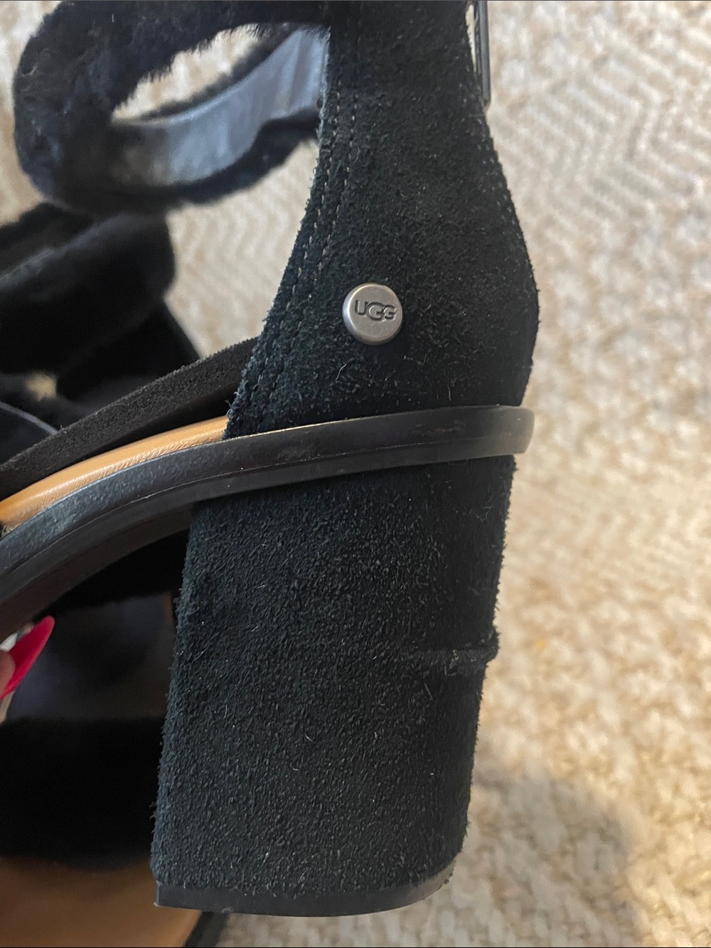 UGG Black Faux-Fur Strap Block Heel Sandals - Picture 2 of 4